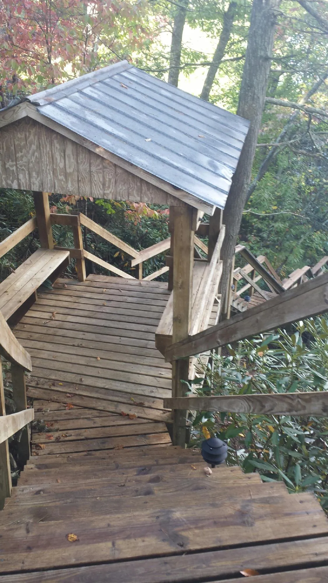 Metal roofed shelter over wooden steps on a wooded walkway — Skylight Repair & Installation work by our crew in Gratis